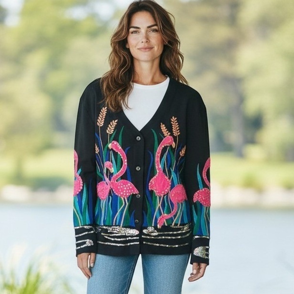 HMJ Resort Flamingo‎ Embroidered Sequin Cardigan Black Pink Women Medium V-Neck